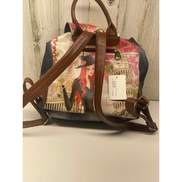 Michael Michelle Hand Painted Denim Backpack Floral NWT Paris Print Handbag - Picture 12 of 13